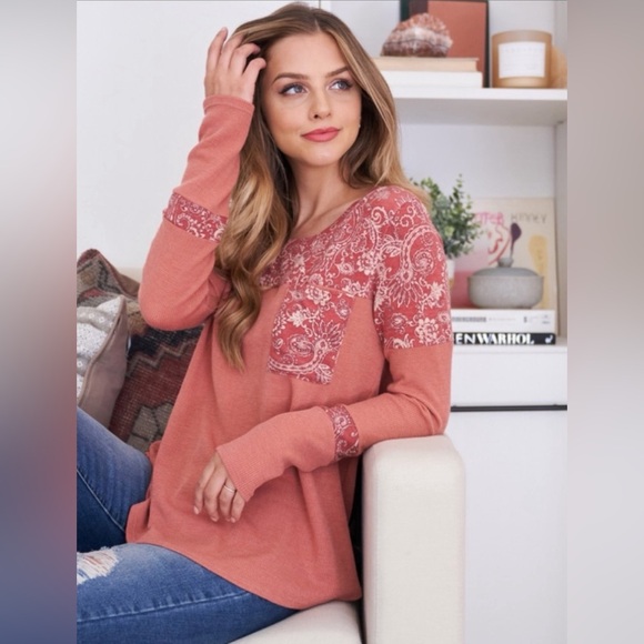 NEW Perfect Peach Floral Contrast & Waffle Weave Shirt - Picture 4 of 6